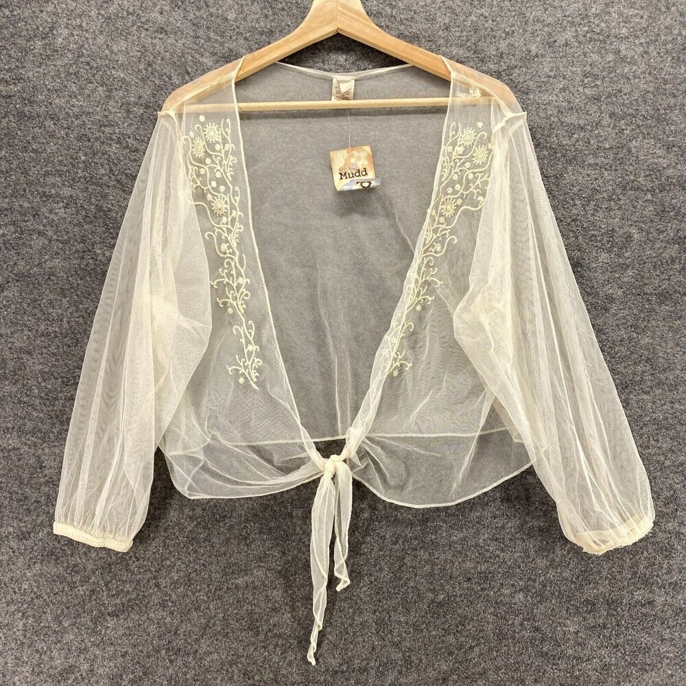 New Mudd Top Women XL Beige Floral Embroidered Sheer Tie Up V-Neck Long Sleeve
